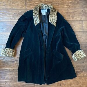 VTG JS Collections Black Velvet Penny Lane Faux Fur Leopard Print Trim Small